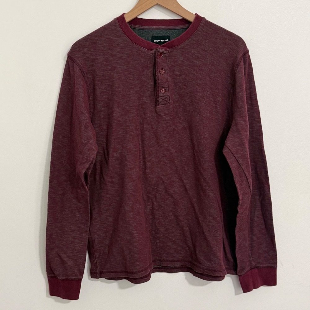 Lucky Brand Henley Shirt Mens L Burgundy Slub Knit Long Sleeve Casual Heritage